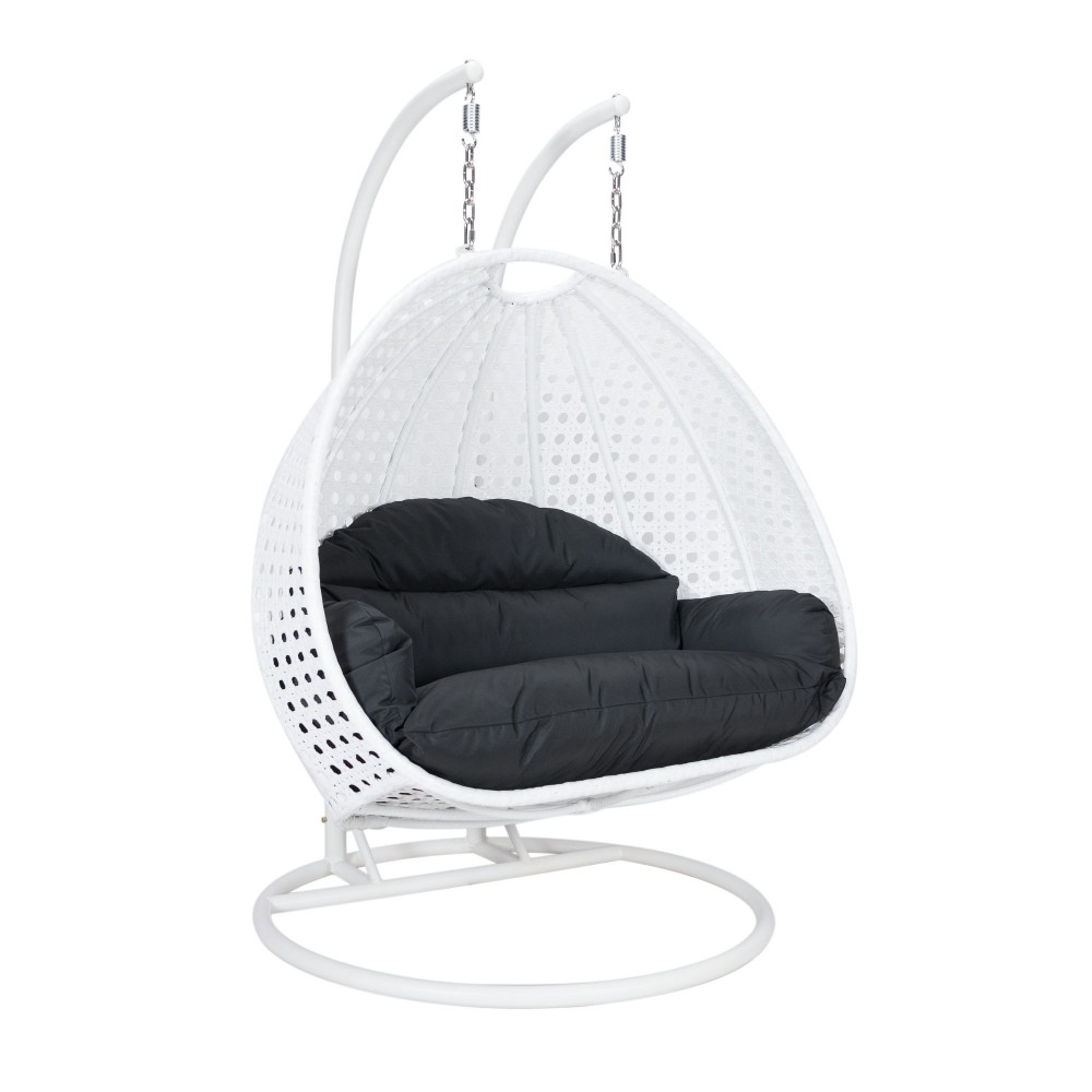 LeisureMod White Wicker Hanging 2 person Egg Swing Chair, Black