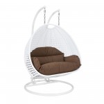 LeisureMod White Wicker Hanging 2 person Egg Swing Chair, Brown