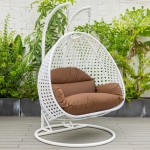 LeisureMod White Wicker Hanging 2 person Egg Swing Chair, Brown