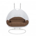 LeisureMod White Wicker Hanging 2 person Egg Swing Chair, Brown