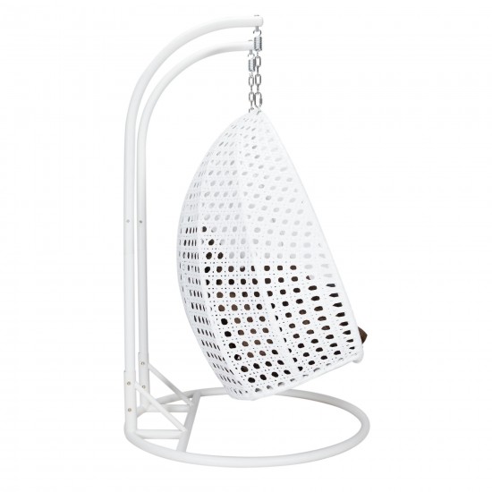 LeisureMod White Wicker Hanging 2 person Egg Swing Chair, Brown