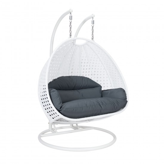 LeisureMod White Wicker Hanging 2 person Egg Swing Chair, Dark Grey