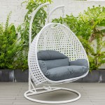 LeisureMod White Wicker Hanging 2 person Egg Swing Chair, Dark Grey