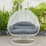 LeisureMod White Wicker Hanging 2 person Egg Swing Chair, Dark Grey