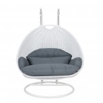 LeisureMod White Wicker Hanging 2 person Egg Swing Chair, Dark Grey