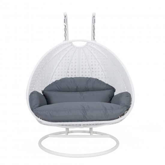 LeisureMod White Wicker Hanging 2 person Egg Swing Chair, Dark Grey