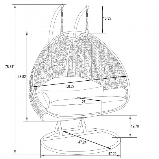 LeisureMod White Wicker Hanging 2 person Egg Swing Chair, Dark Grey