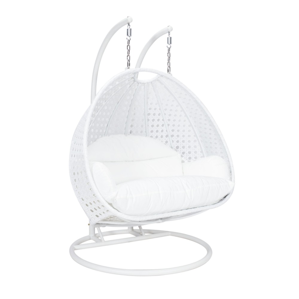 LeisureMod White Wicker Hanging 2 person Egg Swing Chair, White