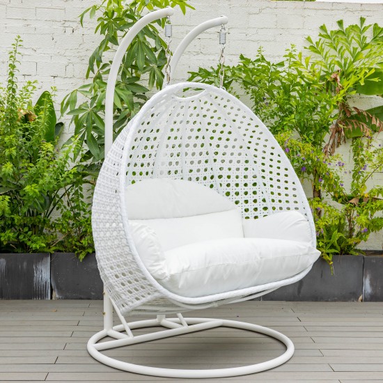 LeisureMod White Wicker Hanging 2 person Egg Swing Chair, White