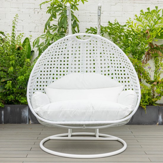 LeisureMod White Wicker Hanging 2 person Egg Swing Chair, White