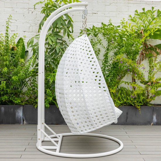 LeisureMod White Wicker Hanging 2 person Egg Swing Chair, White