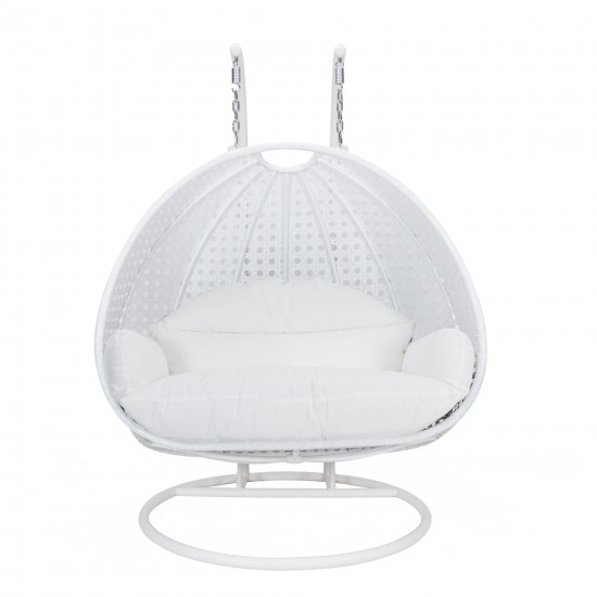 LeisureMod White Wicker Hanging 2 person Egg Swing Chair, White