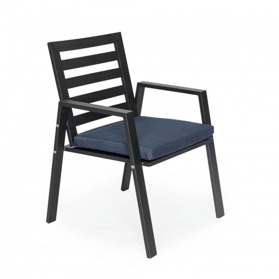 LeisureMod Chelsea Patio Dining Armchair with Removable Cushions, Charcoal Blue