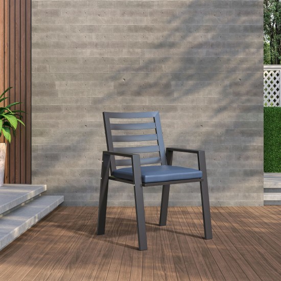 LeisureMod Chelsea Patio Dining Armchair with Removable Cushions, Charcoal Blue