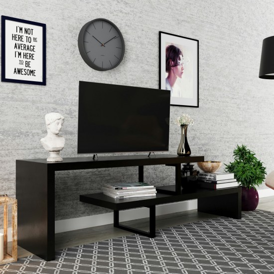 LeisureMod Orford Mid-Century Modern TV Stand with MDF Shelves, Ebony