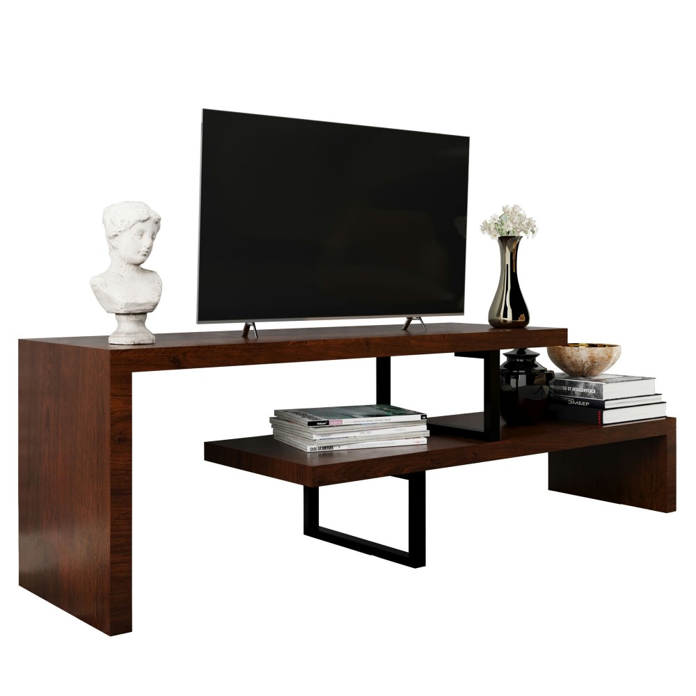 LeisureMod Orford Mid-Century Modern TV Stand with MDF Shelves, Walnut