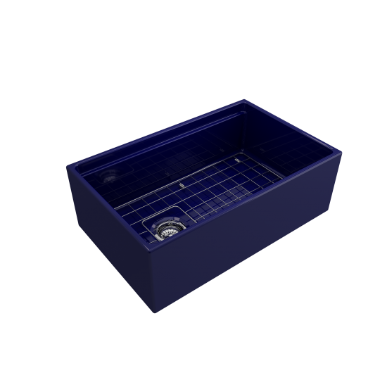 Apron Front Step Rim with Integrated Work Station Fireclay 30 in. Single Bowl Kitchen Sink with Accessories in Sapphire Blue
