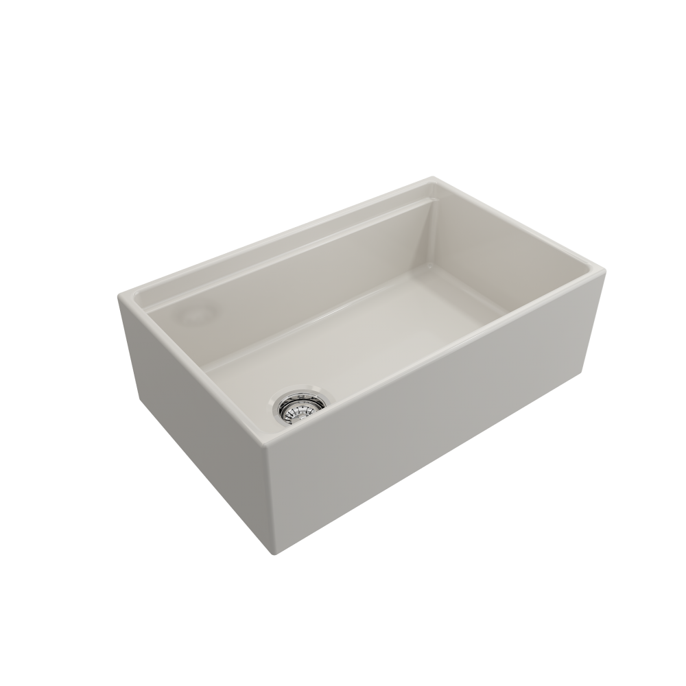 Apron Front Step Rim with Integrated Work Station Fireclay 30 in. Single Bowl Kitchen Sink with Accessories in Biscuit