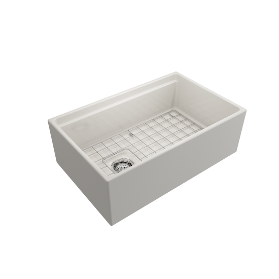 Apron Front Step Rim with Integrated Work Station Fireclay 30 in. Single Bowl Kitchen Sink with Accessories in Biscuit