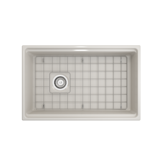 Apron Front Step Rim with Integrated Work Station Fireclay 30 in. Single Bowl Kitchen Sink with Accessories in Biscuit