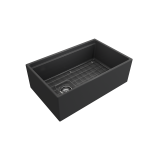 Apron Front Step Rim with Integrated Work Station Fireclay 30 in. Single Bowl Kitchen Sink with Accessories in Matte Dark Gra