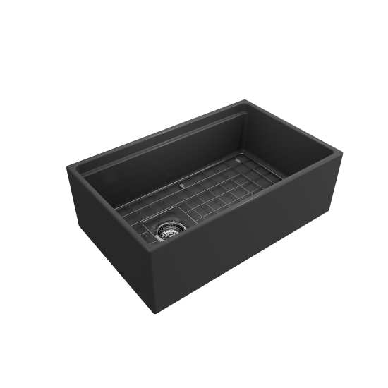 Apron Front Step Rim with Integrated Work Station Fireclay 30 in. Single Bowl Kitchen Sink with Accessories in Matte Dark Gra