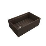 Apron Front Step Rim with Integrated Work Station Fireclay 30 in. Single Bowl Kitchen Sink with Accessories in Matte Brown