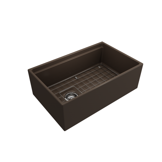 Apron Front Step Rim with Integrated Work Station Fireclay 30 in. Single Bowl Kitchen Sink with Accessories in Matte Brown