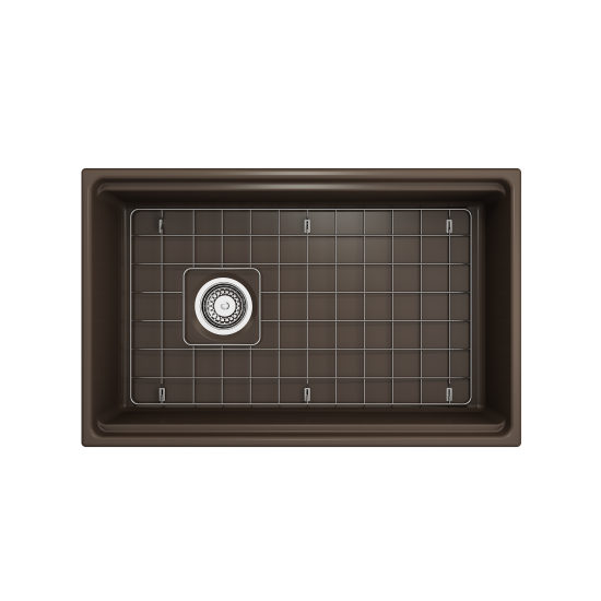 Apron Front Step Rim with Integrated Work Station Fireclay 30 in. Single Bowl Kitchen Sink with Accessories in Matte Brown