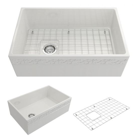 Vigneto Apron Front Fireclay 30 in. Single Bowl Kitchen Sink with Protective Bottom Grid and Strainer in White