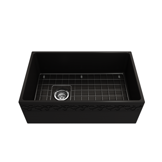 Vigneto Apron Front Fireclay 30 in. Single Bowl Kitchen Sink with Protective Bottom Grid and Strainer in Matte Black