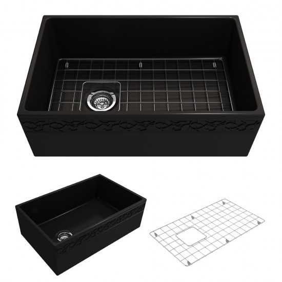 Vigneto Apron Front Fireclay 30 in. Single Bowl Kitchen Sink with Protective Bottom Grid and Strainer in Matte Black