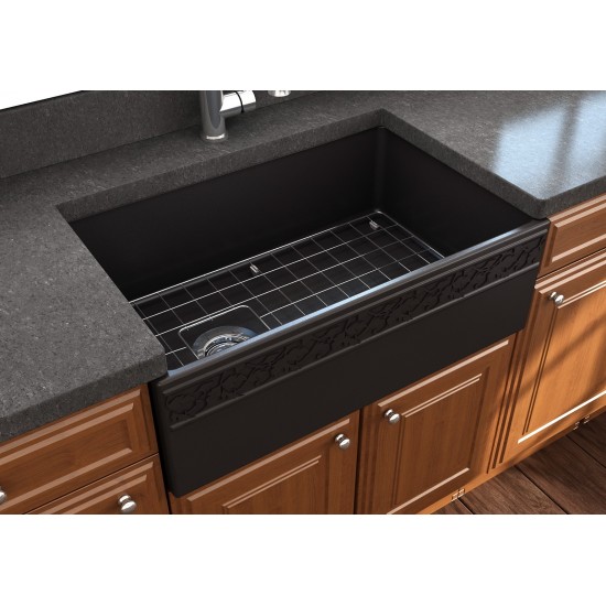 Vigneto Apron Front Fireclay 30 in. Single Bowl Kitchen Sink with Protective Bottom Grid and Strainer in Matte Black