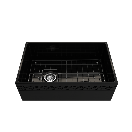 Vigneto Apron Front Fireclay 30 in. Single Bowl Kitchen Sink with Protective Bottom Grid and Strainer in Black