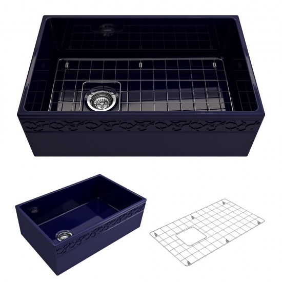 Vigneto Apron Front Fireclay 30 in. Single Bowl Kitchen Sink with Protective Bottom Grid and Strainer in Sapphire Blue