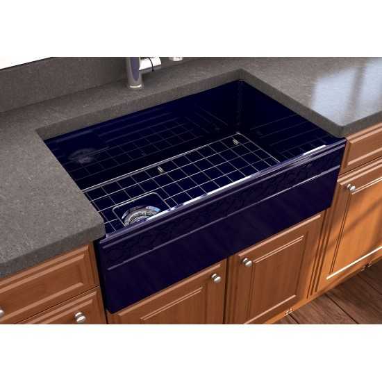 Vigneto Apron Front Fireclay 30 in. Single Bowl Kitchen Sink with Protective Bottom Grid and Strainer in Sapphire Blue