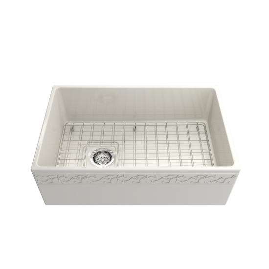 Vigneto Apron Front Fireclay 30 in. Single Bowl Kitchen Sink with Protective Bottom Grid and Strainer in Biscuit