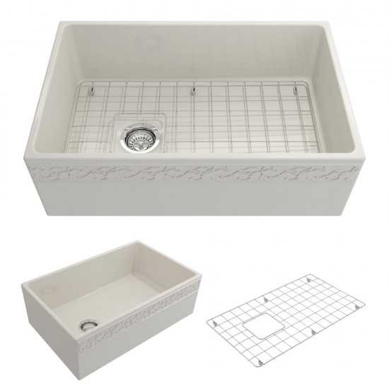 Vigneto Apron Front Fireclay 30 in. Single Bowl Kitchen Sink with Protective Bottom Grid and Strainer in Biscuit