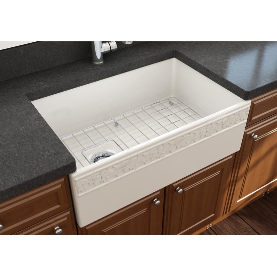 Vigneto Apron Front Fireclay 30 in. Single Bowl Kitchen Sink with Protective Bottom Grid and Strainer in Biscuit