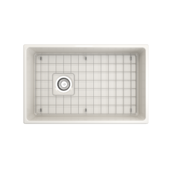 Vigneto Apron Front Fireclay 30 in. Single Bowl Kitchen Sink with Protective Bottom Grid and Strainer in Biscuit