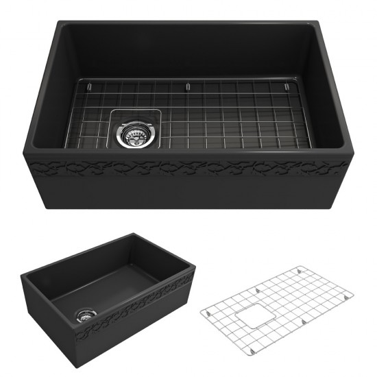 Vigneto Apron Front Fireclay 30 in. Single Bowl Kitchen Sink with Protective Bottom Grid and Strainer in Matte Dark Gray
