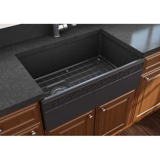 Vigneto Apron Front Fireclay 30 in. Single Bowl Kitchen Sink with Protective Bottom Grid and Strainer in Matte Dark Gray