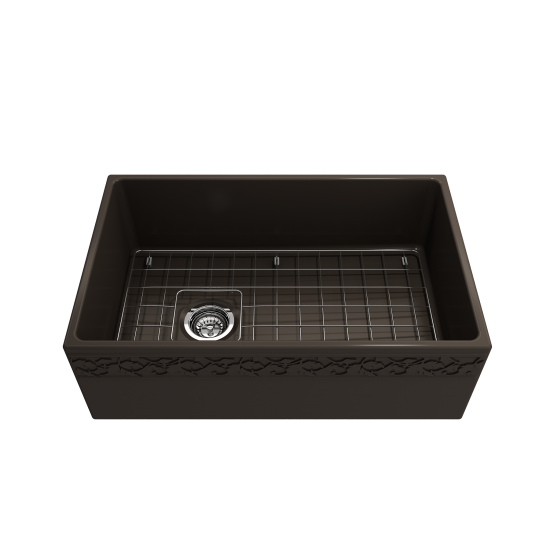 Vigneto Apron Front Fireclay 30 in. Single Bowl Kitchen Sink with Protective Bottom Grid and Strainer in Matte Brown