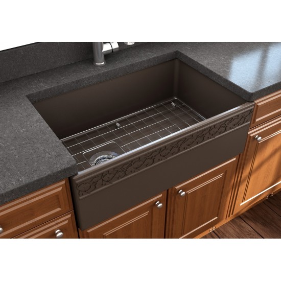 Vigneto Apron Front Fireclay 30 in. Single Bowl Kitchen Sink with Protective Bottom Grid and Strainer in Matte Brown