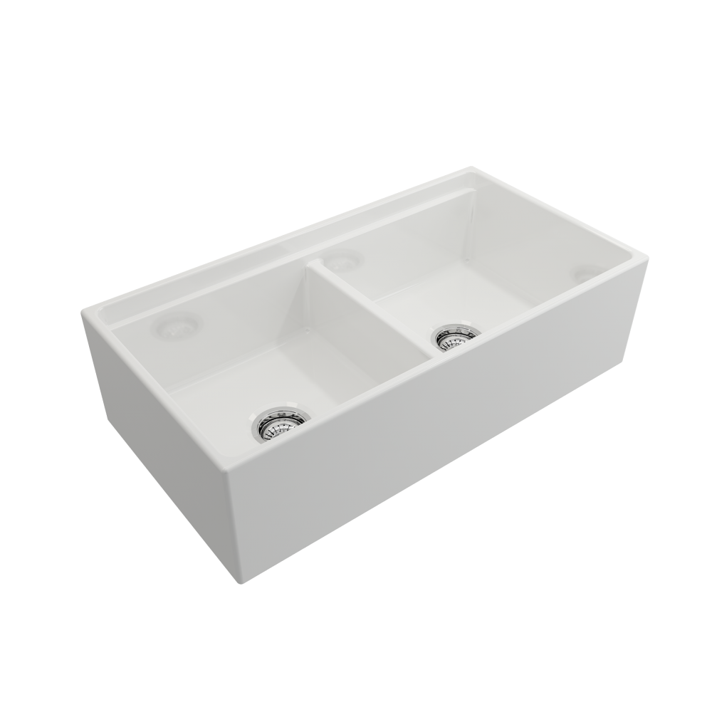 Contempo Apron Front Step Rim with Integrated Work Station Fireclay 36 in. Double Bowl Kitchen Sink with Accessories in White