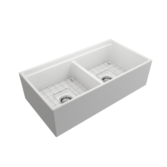 Apron Front Step Rim with Integrated Work Station Fireclay 36 in. Double Bowl Kitchen Sink with Accessories in Matte White