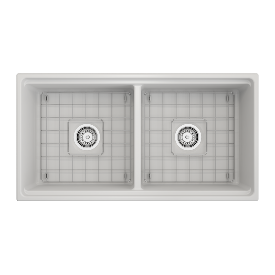 Apron Front Step Rim with Integrated Work Station Fireclay 36 in. Double Bowl Kitchen Sink with Accessories in Matte White