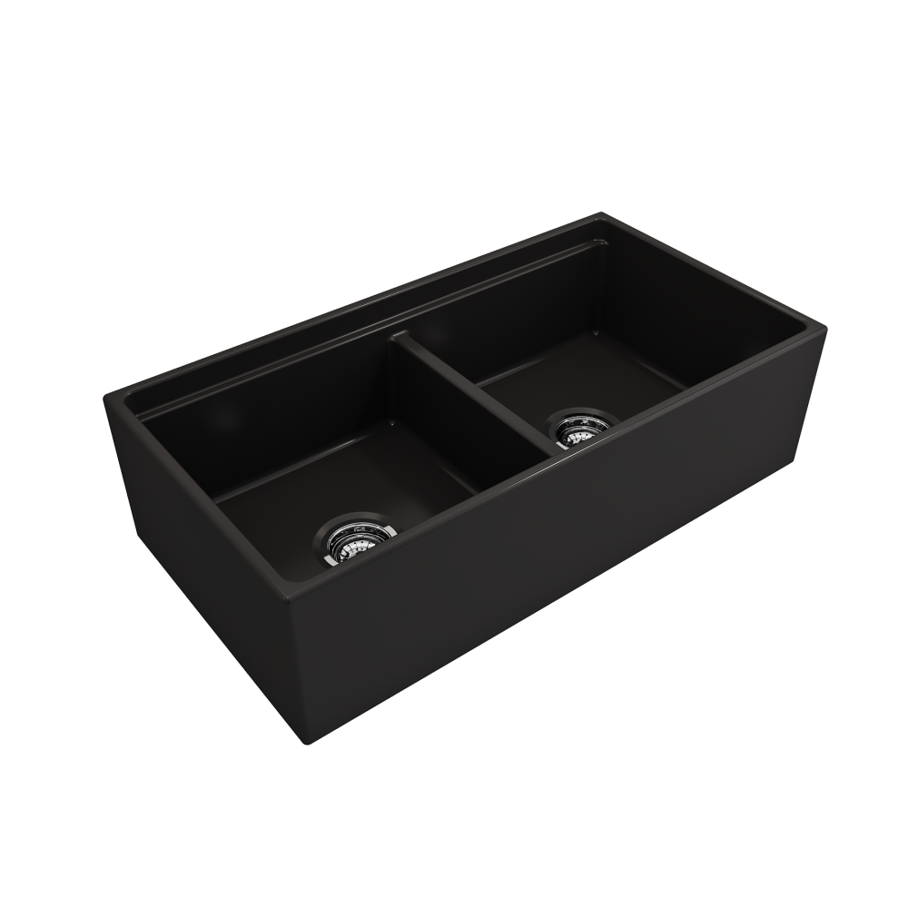 Apron Front Step Rim with Integrated Work Station Fireclay 36 in. Double Bowl Kitchen Sink with Accessories in Matte Black