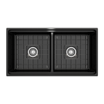Contempo Apron Front Step Rim with Integrated Work Station Fireclay 36 in. Double Bowl Kitchen Sink with Accessories in Black