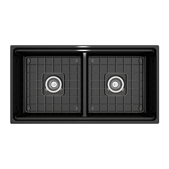 Contempo Apron Front Step Rim with Integrated Work Station Fireclay 36 in. Double Bowl Kitchen Sink with Accessories in Black